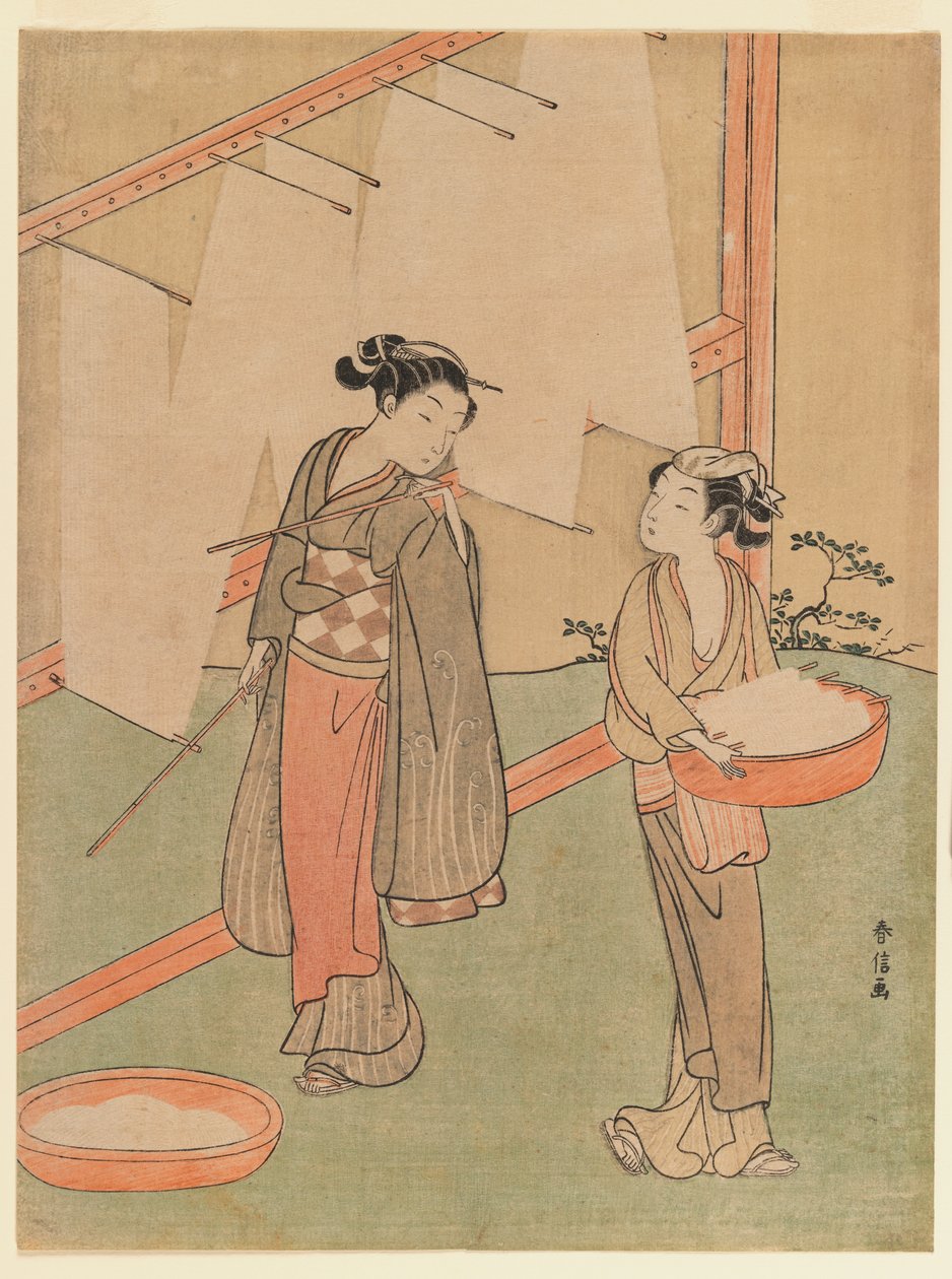 Jovem e servente de secagem macarrão fino japonês, c.1766 (impressão de woodblock de cor) de Suzuki Harunobu