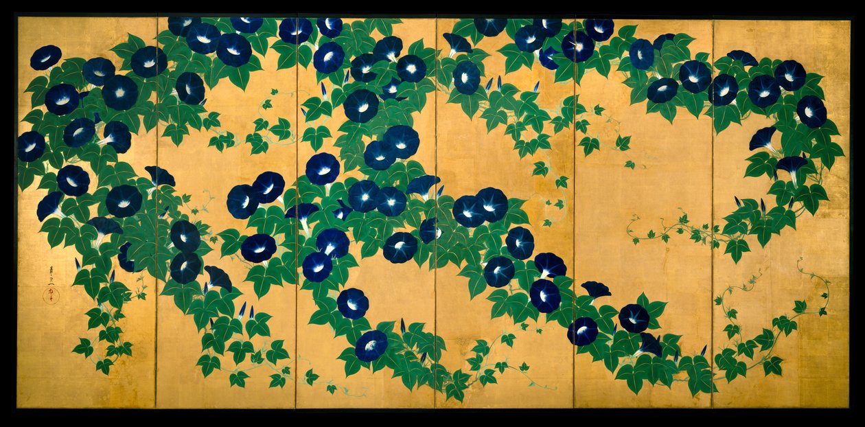 Morning Glories, início do século XIX (tinta, cor e folha de ouro sobre papel) de Suzuki Kiitsu
