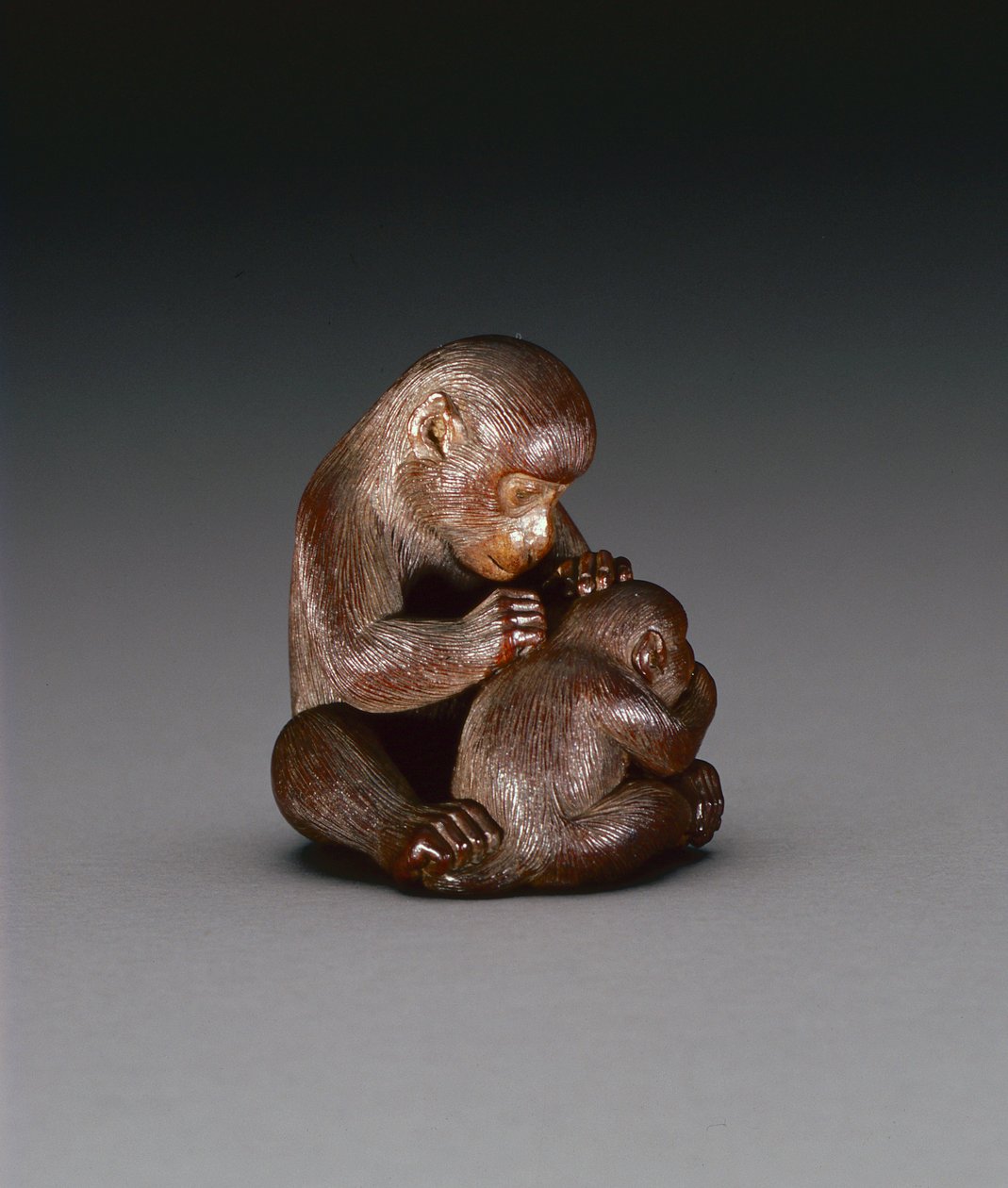 Netsuke representando um macaco mãe e seu filho, c.1880-1900 (madeira) (para reverso ver 208393) de Suzuki Tokuku