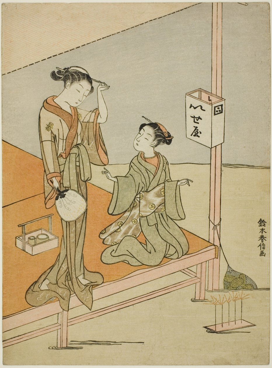 Uma cortesã e seu atendente no Riverside Teahouse Iseya de Suzuki Harunobu