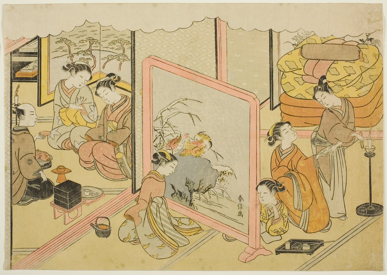Uma xícara de saquê antes de dormir (Toko sakazuki), a sexta folha da série "Casamento em estampas de brocado, a carruagem da mulher virtuosa (Konrei nishiki misao-guruma)" de Suzuki Harunobu