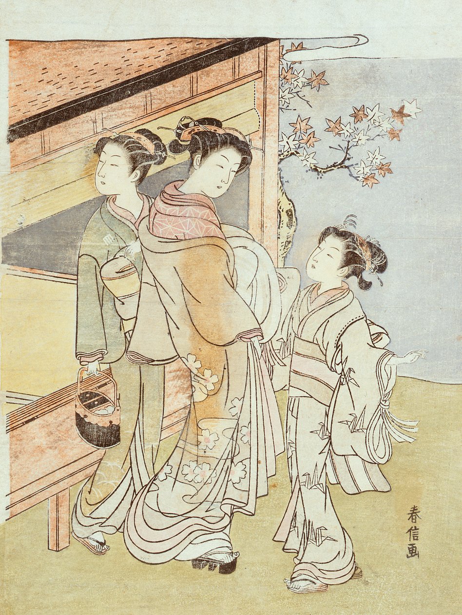Uma senhora e seu atendente encontram um mensageiro (impressão em xilogravura) de Suzuki Harunobu