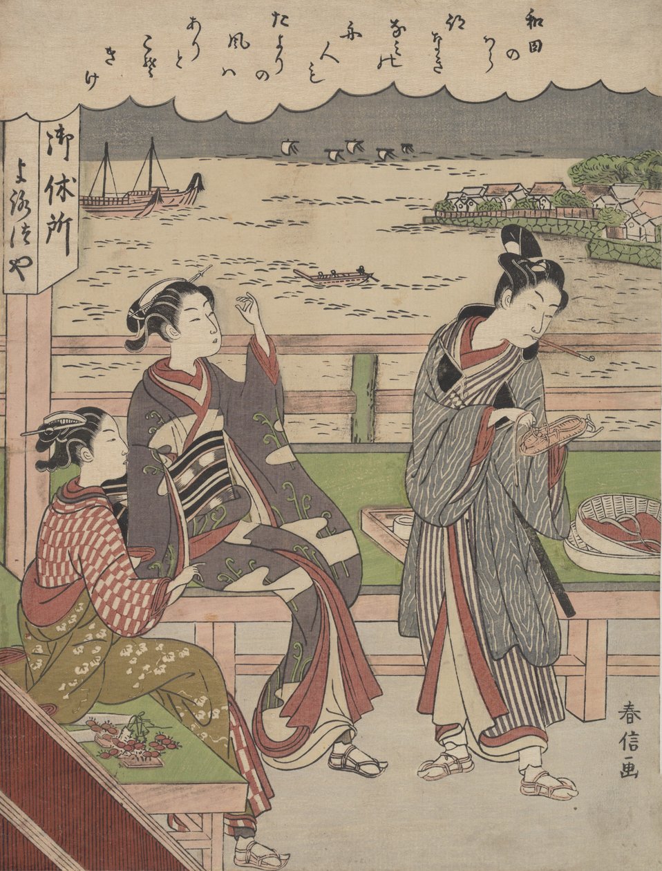 Um homem e duas mulheres em uma casa de chá em Wada no Ura com vista para o mar. de Suzuki Harunobu