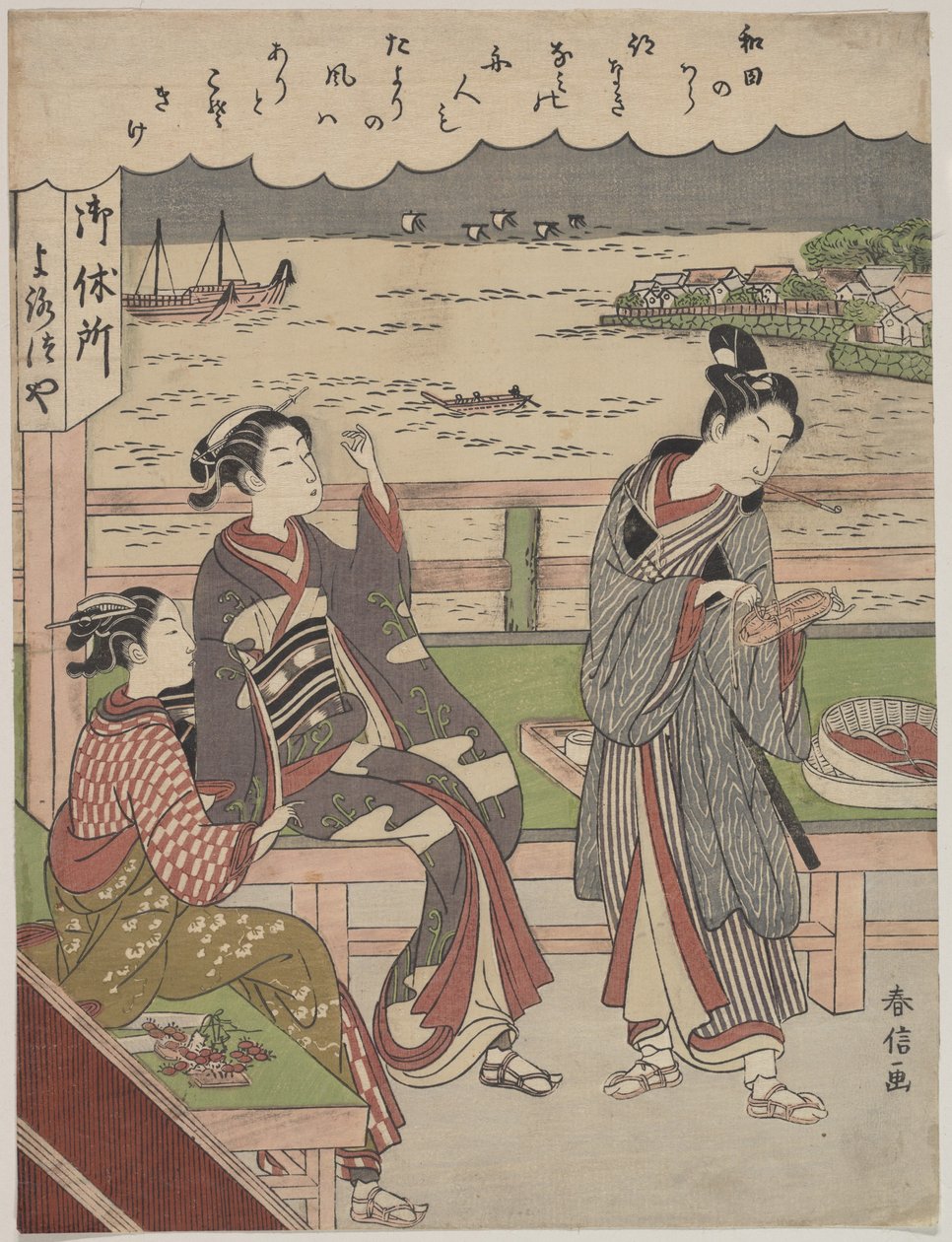 Um homem e duas mulheres numa casa de chá em Wada no Ura, com vista para o mar de Suzuki Harunobu