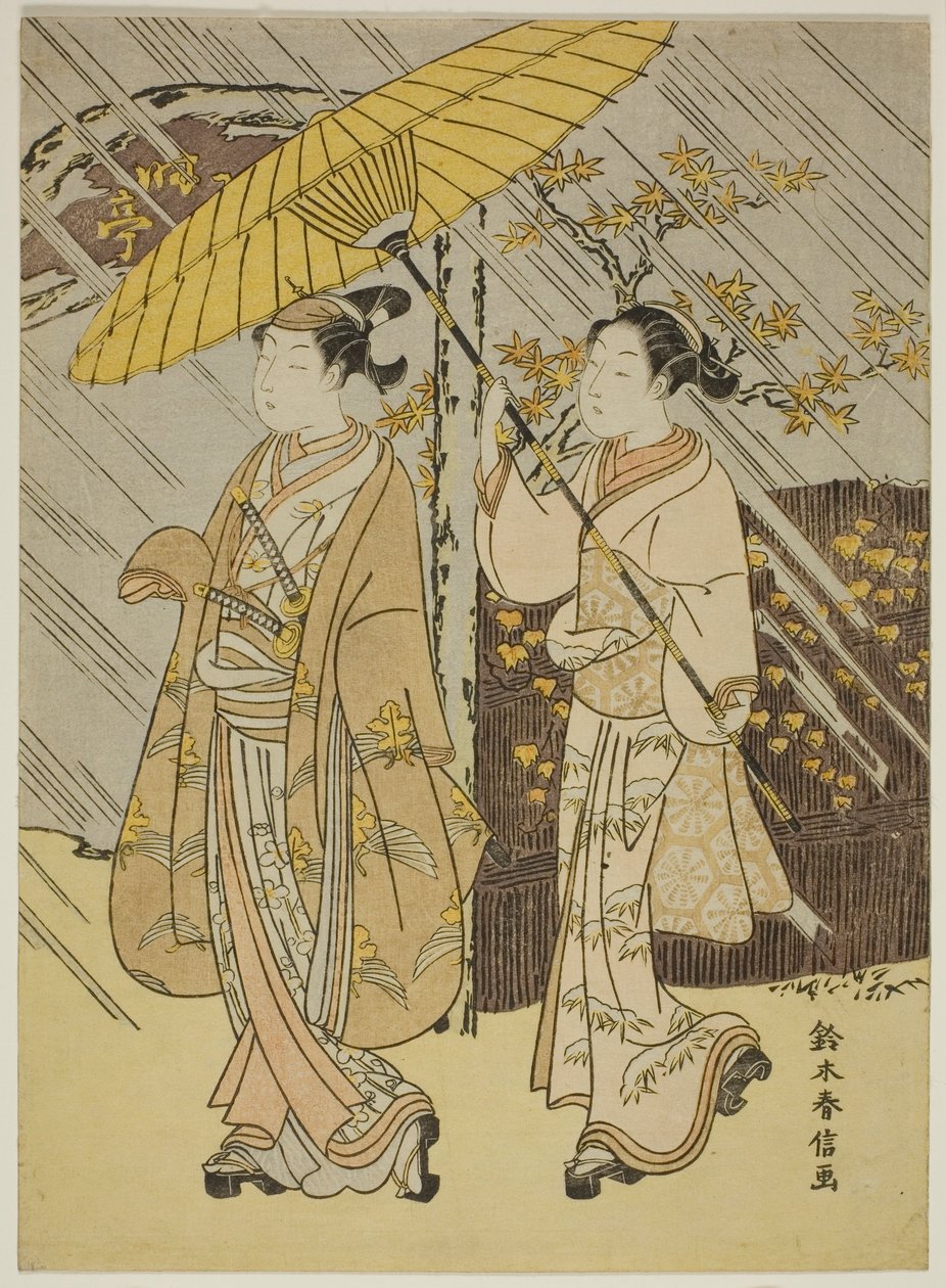 Um jovem ator masculino em desfile na chuva de outono de Suzuki Harunobu