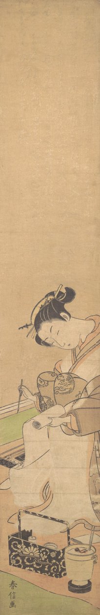 Um Oiran sentado em uma cama, escrevendo uma carta, c. 1769., c. 1769. de Suzuki Harunobu