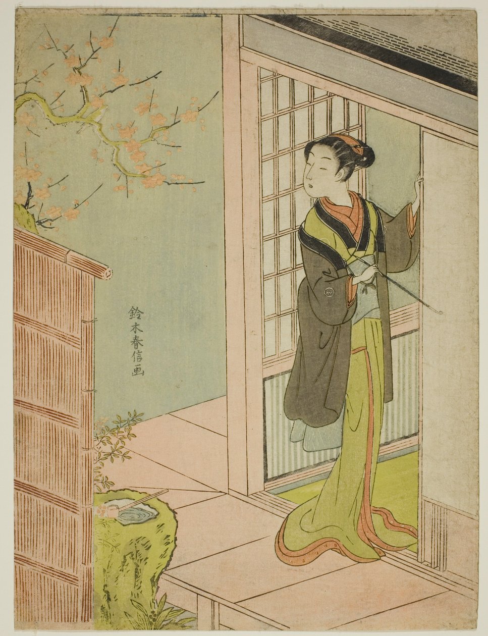 Beleza admirando uma toutinegra cantando em uma ameixeira de Suzuki Harunobu