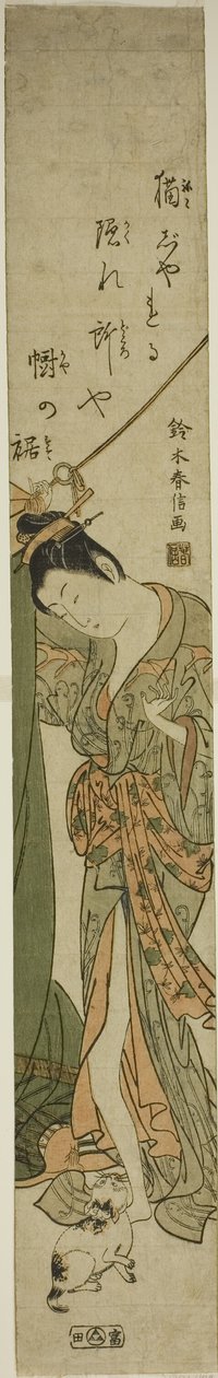 Beleza olhando para um gato enquanto conserta um mosquiteiro de Suzuki Harunobu