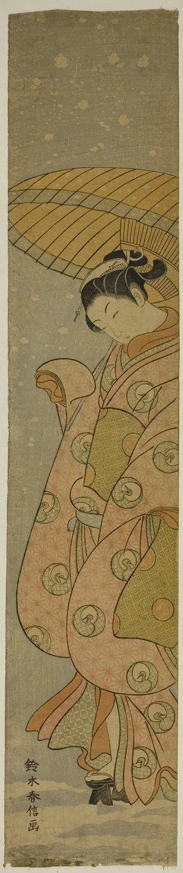 Beleza sob um guarda-chuva na neve de Suzuki Harunobu