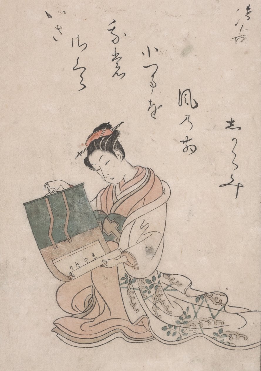 Beauty Unrolling Scroll, c.1770 (xilogravura colorida em papel japonês) de Suzuki Harunobu