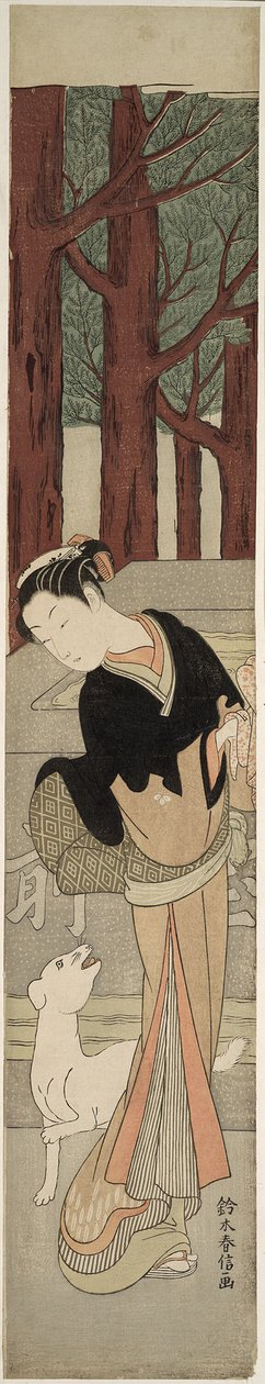 Bela e um cão branco em um santuário de Suzuki Harunobu