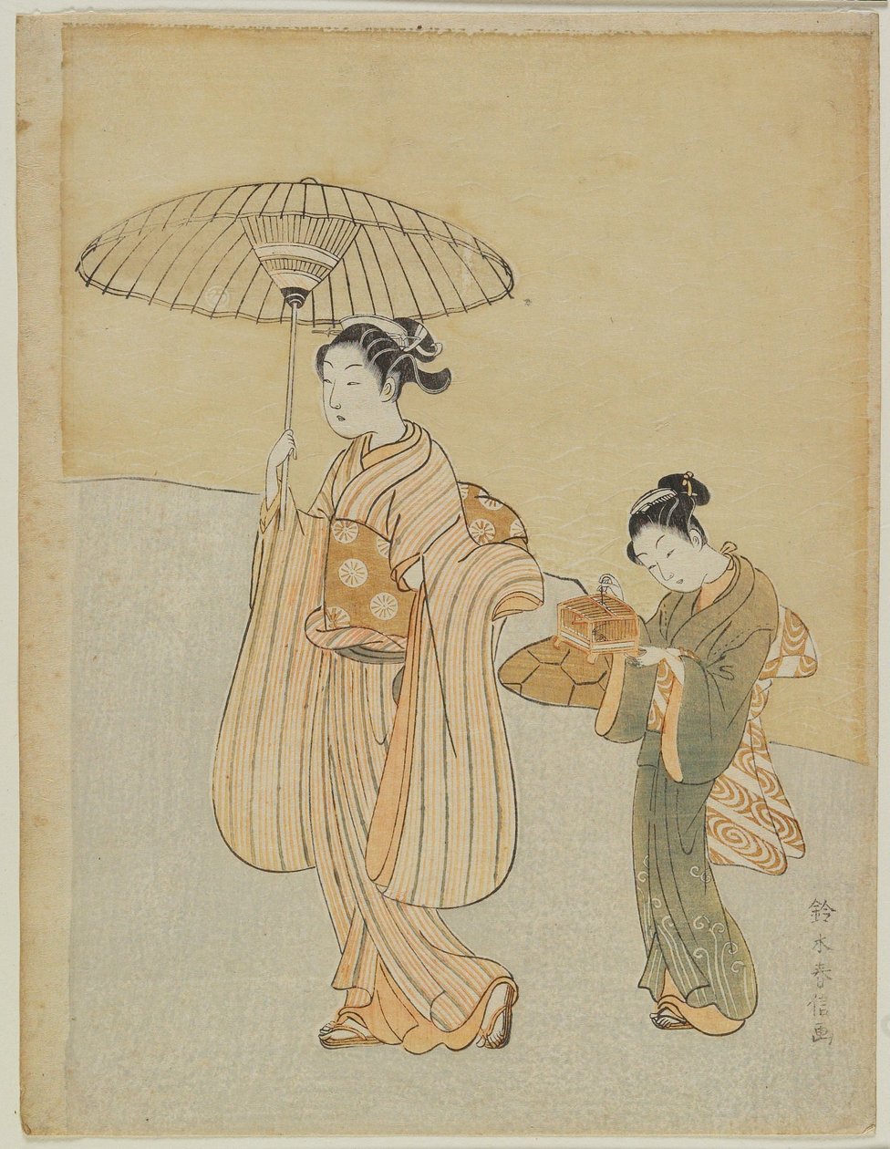 Beleza com criada que transporta uma gaiola de insectos de Suzuki Harunobu