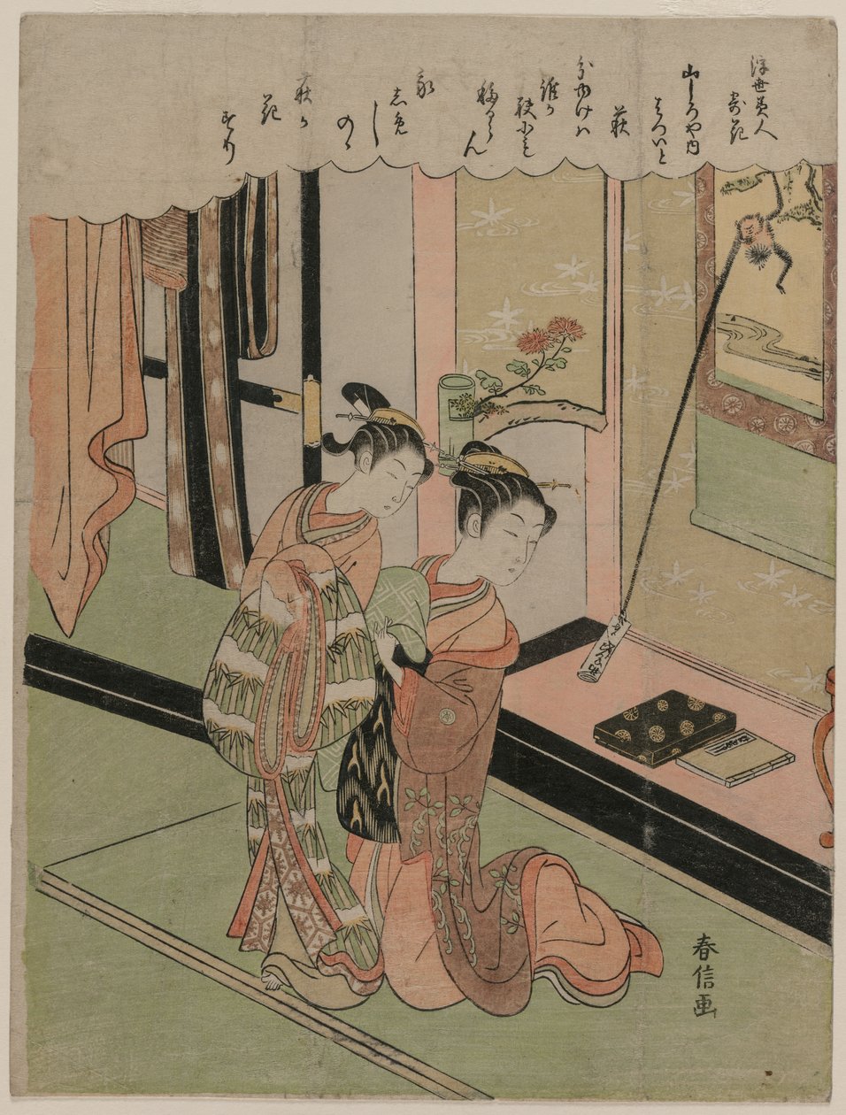 Trevo de Bush Das belezas da série do mundo flutuante em comparação com as flores, final dos anos 1760. de Suzuki Harunobu