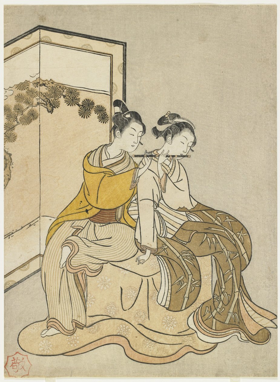 Cópia do calendário para Meiwa 2 e um Mitate do imperador Xuanzong e Yang Guifei, 1765 de Suzuki Harunobu