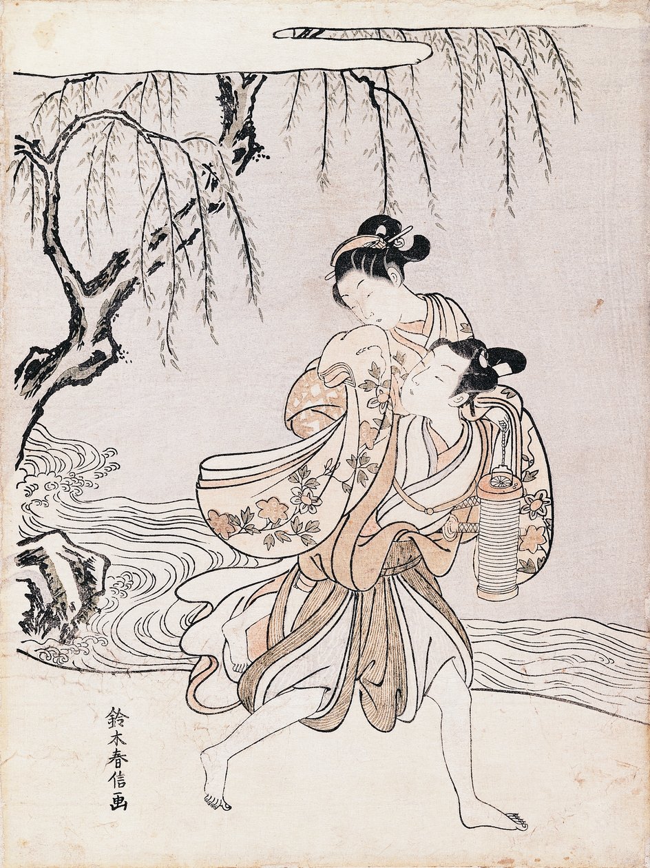 Casal nas margens do rio, por Suzuki Harunobu (1725-1770), tinta e cores, Japão, Civilização Japonesa, período Edo de Suzuki Harunobu