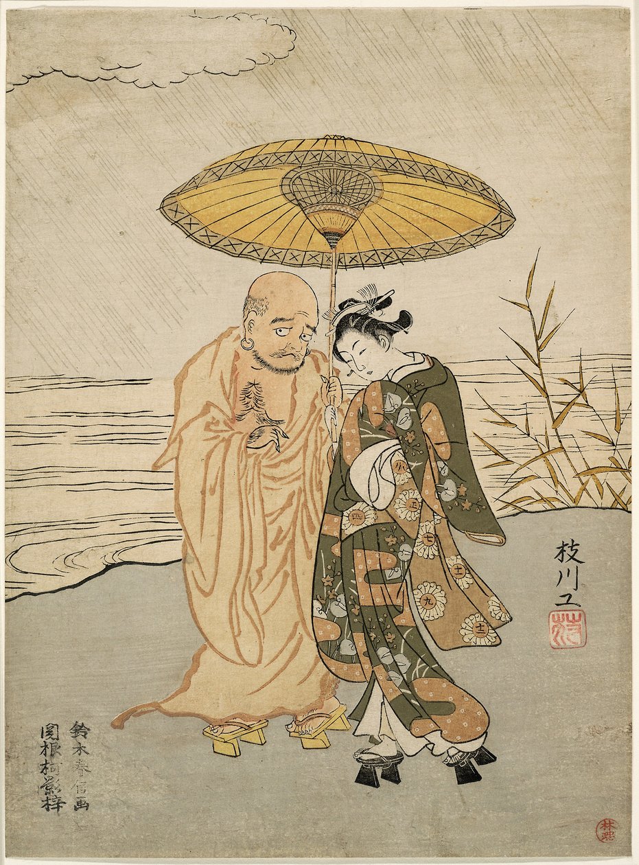 Daruma e uma jovem mulher à chuva de Suzuki Harunobu