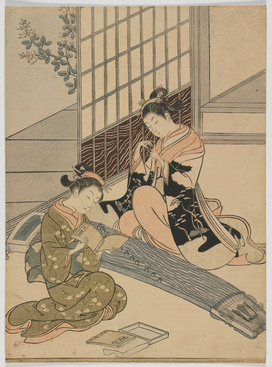Gansos descendentes do Koto, período Edo, c.1766 (impressão em xilogravura a cores) de Suzuki Harunobu