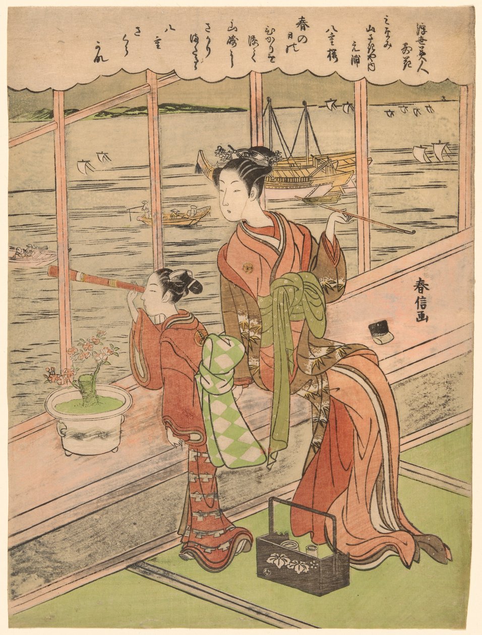 Cereja de duas flores: Motoura do Minami Yamasakiya (Minami Yamasakiya uchi Motoura, Yaezakura), da série "Beauties of the Floating World Compared to Flowers (Ukiyo bijin hana ni yosu)" de Suzuki Harunobu