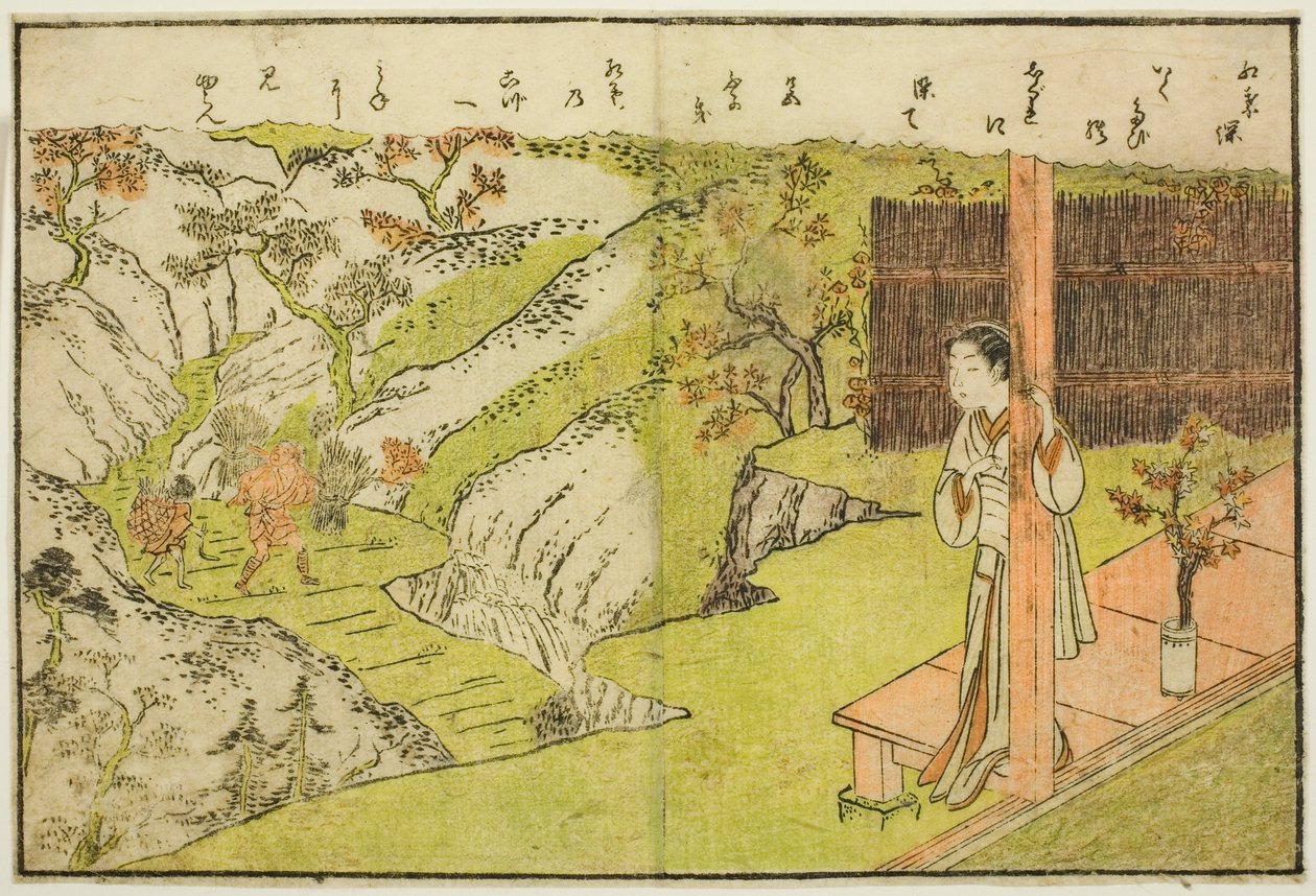 Ilustração de página dupla do vol. 1 de "Livro de imagens de brocados de primavera (Ehon haru no nishiki)" de Suzuki Harunobu