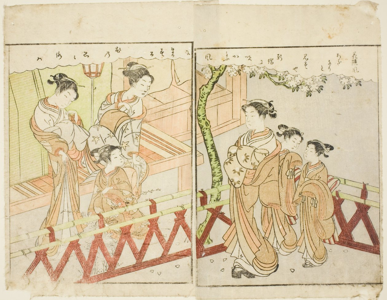 Ilustração de página dupla do vol. 2 de "Livro de imagens de brocados de primavera (Ehon haru no nishiki)" de Suzuki Harunobu