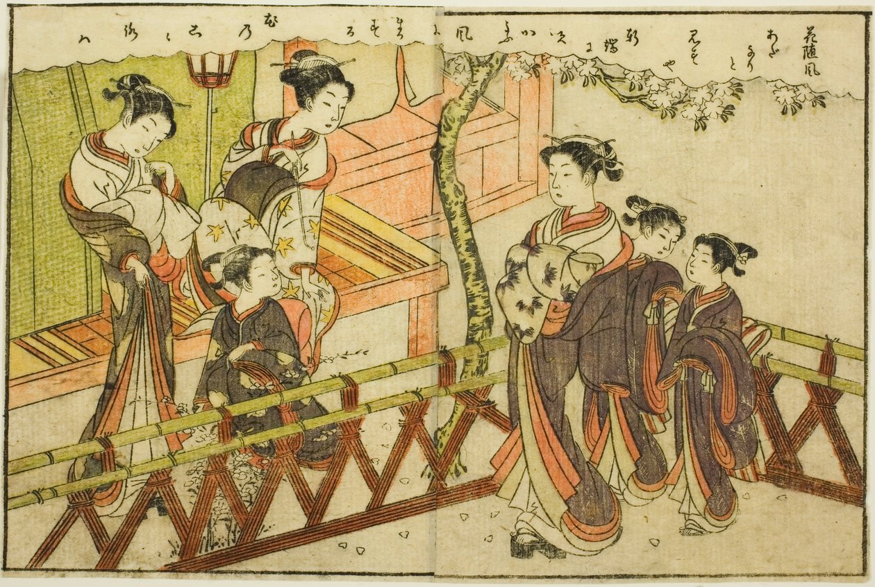 Ilustração de página dupla do vol. 2 de "Livro de imagens de brocados de primavera (Ehon haru no nishiki)" de Suzuki Harunobu