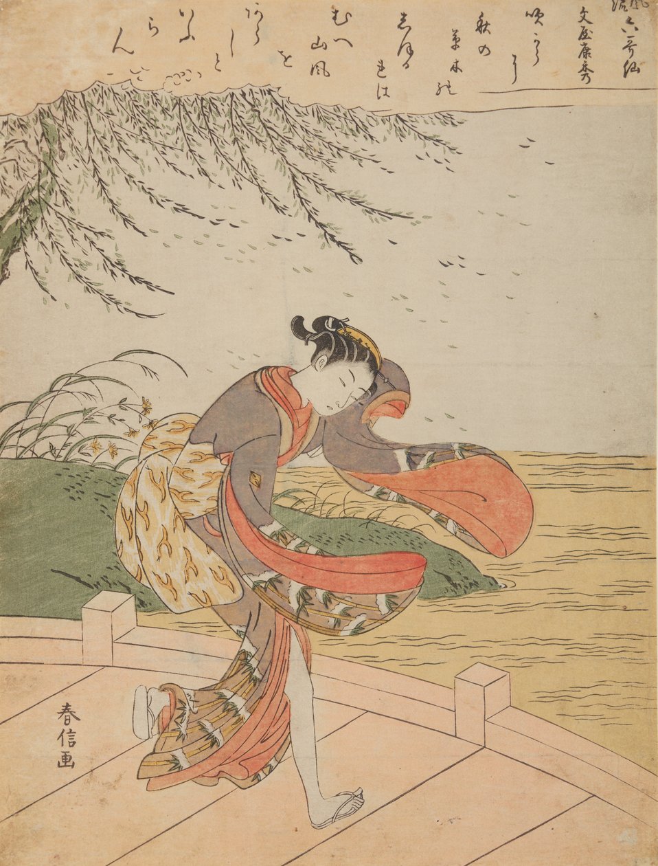 Rapariga numa ponte ao vento, da série: Furyu rokkasen - Os seis elegantes poetas imortais de Suzuki Harunobu