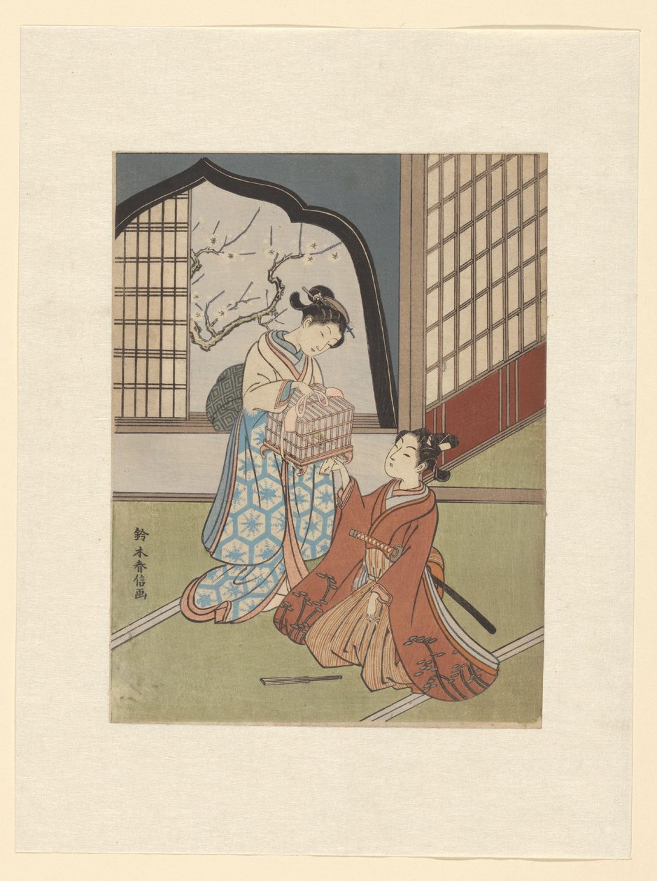 Um par com gaiola de pássaros de Suzuki Harunobu
