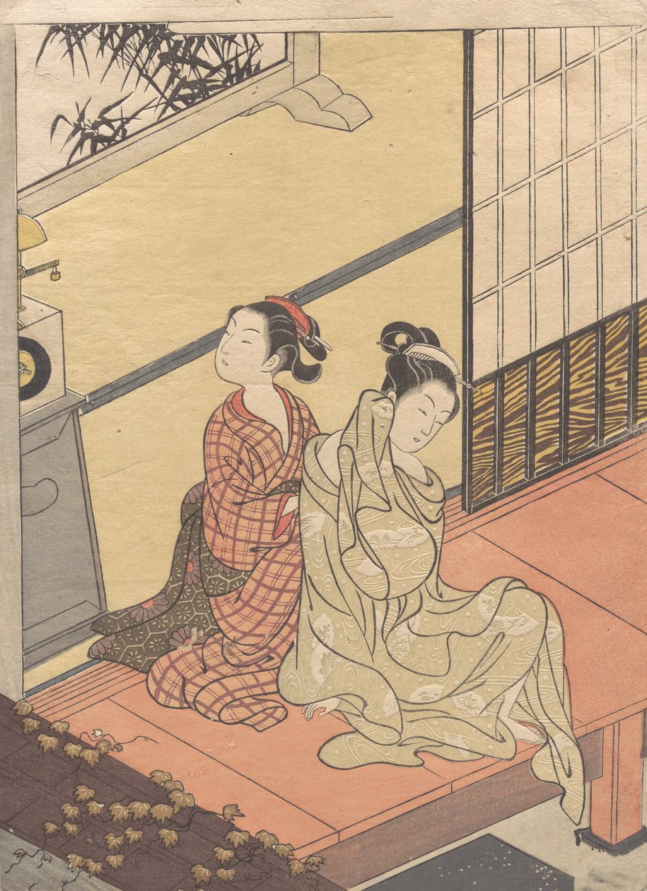 Sino vespertino do relógio Tokei no bansho, da série “Eight Parlor Views” Za..., ca. 1766. de Suzuki Harunobu