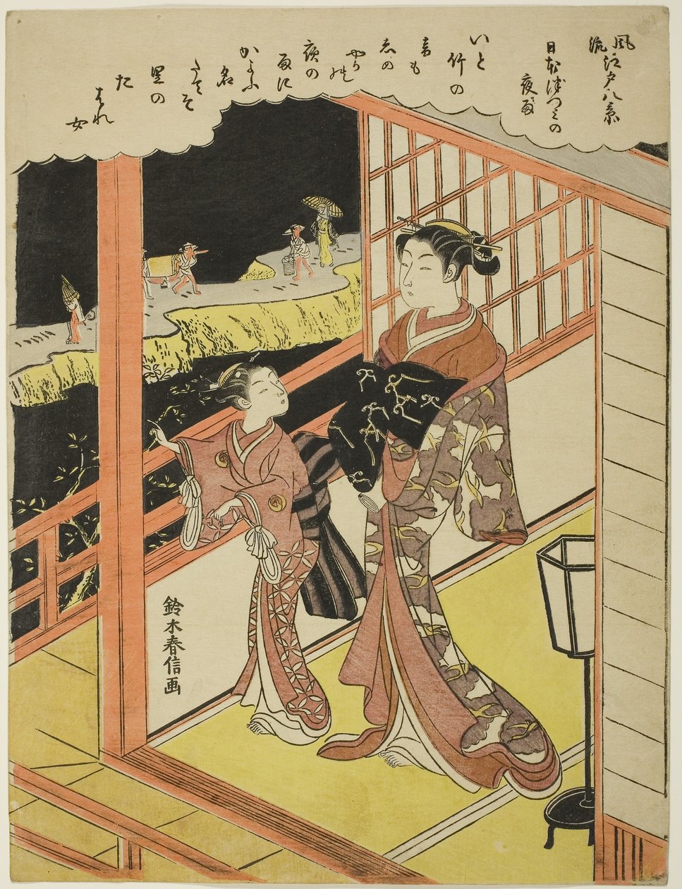 Chuva nocturna em Nihonzutsumi (Nihonzutsumi no yau), da série "Eight Fashionable Views of Edo (Furyu Edo hakkei)", c.1768-69 (xilogravura a cores; chuban) de Suzuki Harunobu