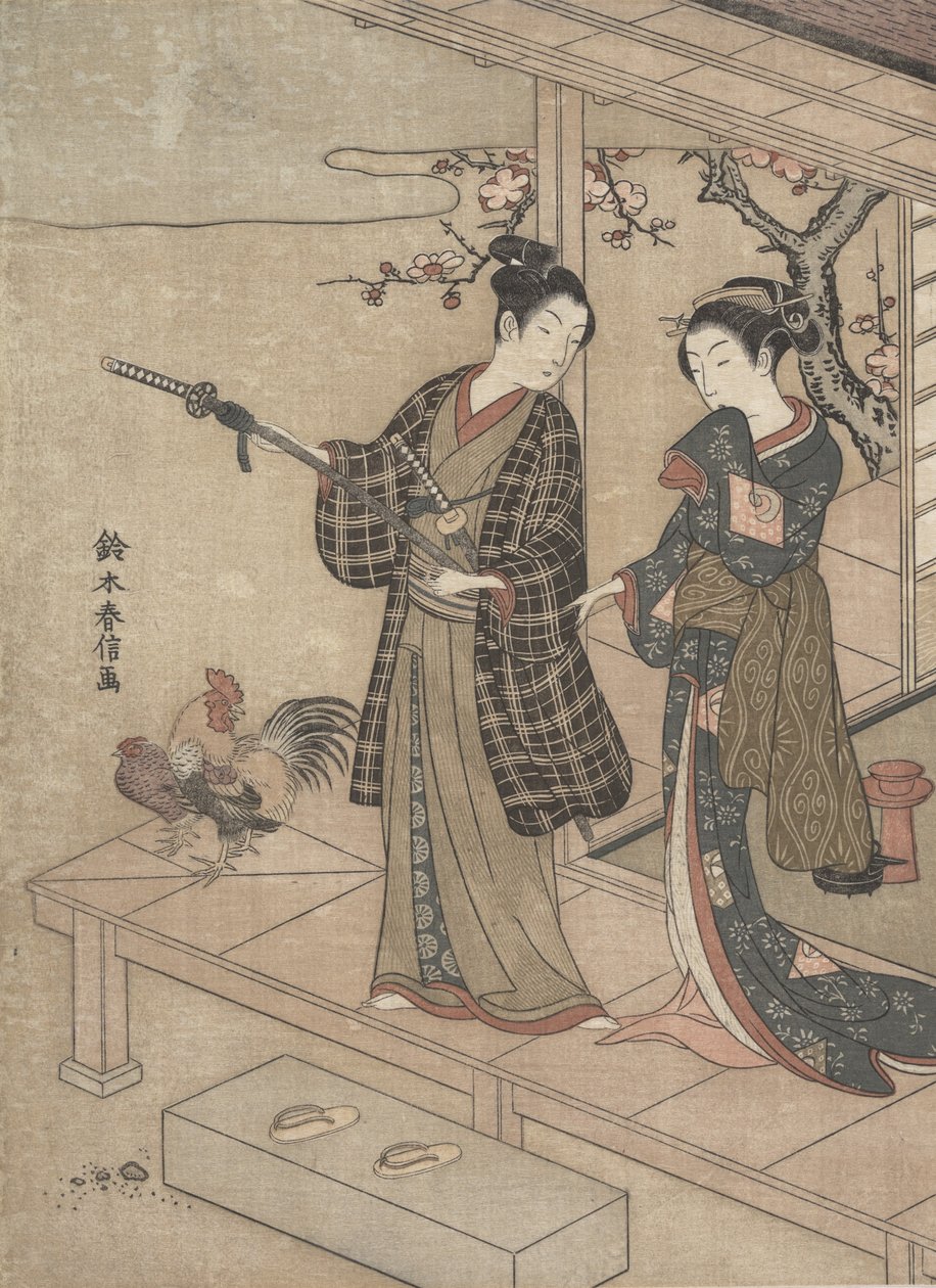 Cavalheiro despedindo-se de sua dama em uma varanda. de Suzuki Harunobu
