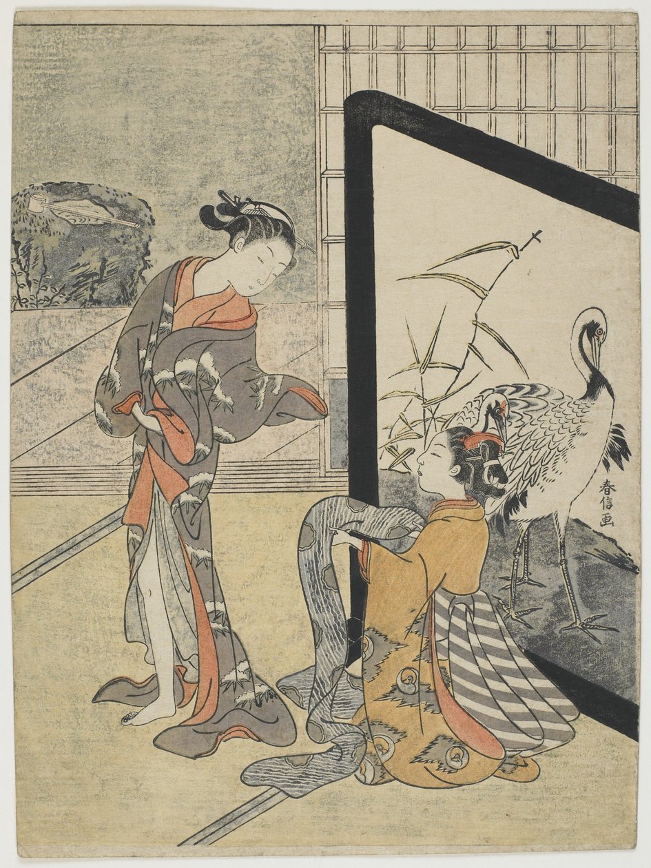 Vestindo-se, 1765-69 (impressão em xilogravura a cores) de Suzuki Harunobu