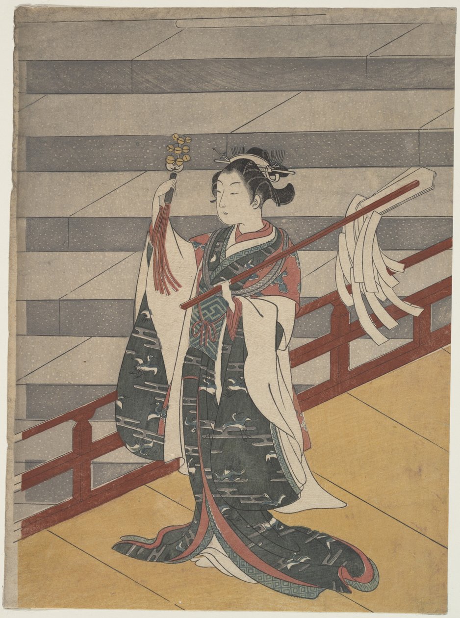 Rapariga numa varanda sobre uma escadaria de pedra de Suzuki Harunobu