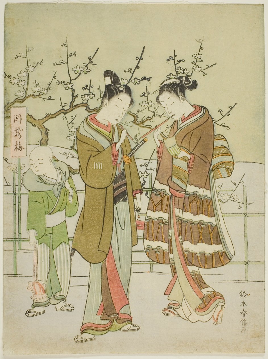 Dando uma luz pela ameixeira Garyubai de Suzuki Harunobu