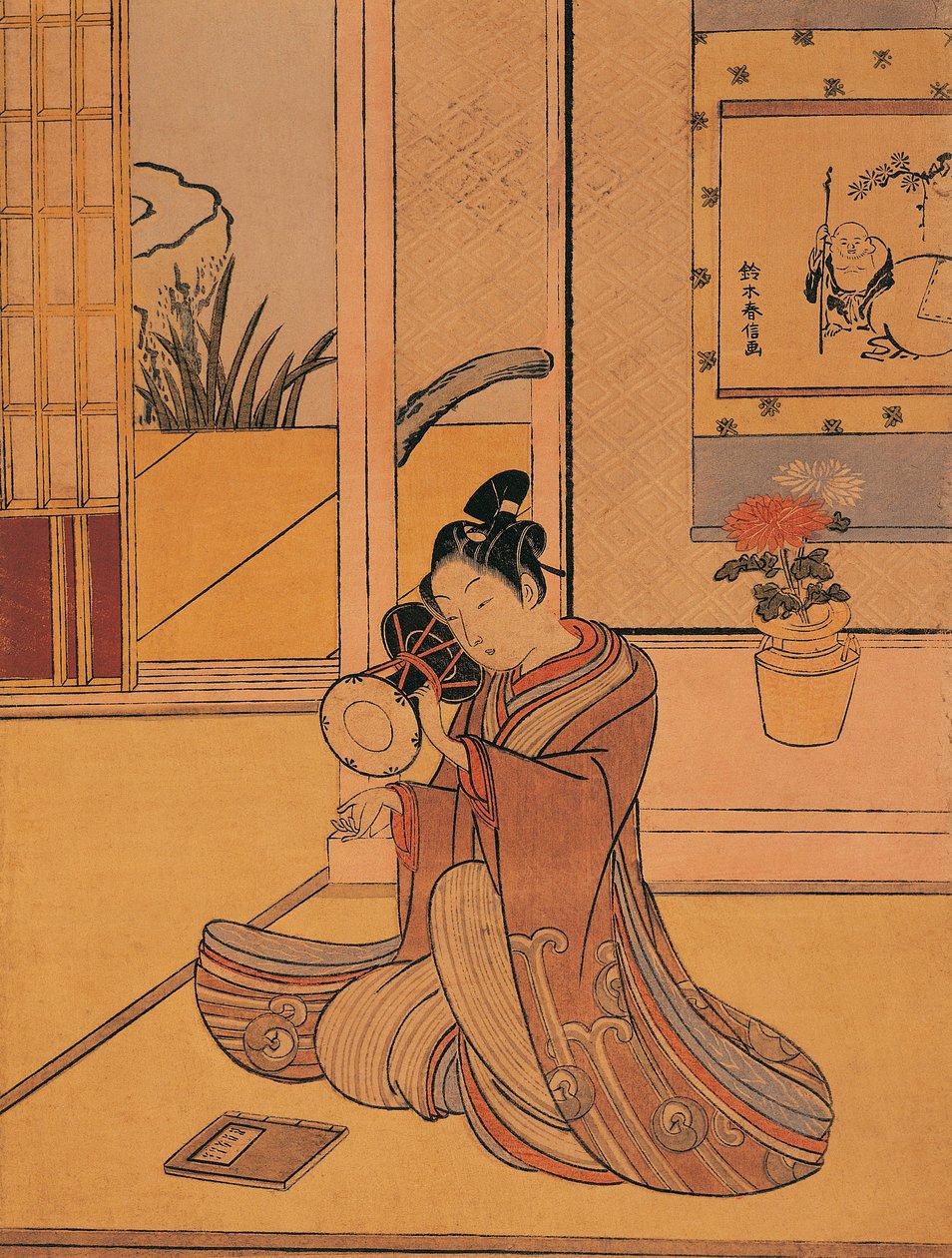 Itália, Génova, Jovem tocando tambor por Suzuki Harunobu (cerca de 1725-1770), xilogravura de Suzuki Harunobu