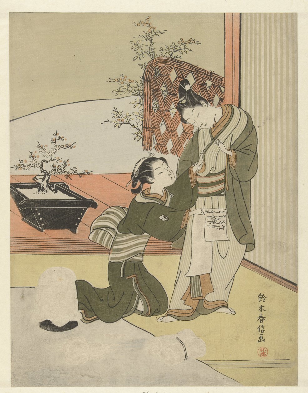 Jovem casal com carta de Suzuki Harunobu