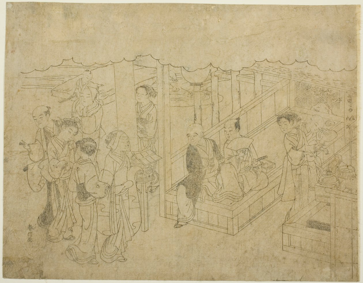 Impressão em bloco de chaves para A Introdução (Miai), a primeira folha da série "Casamento em estampas de brocado, a carruagem da mulher virtuosa (Konrei nishiki misao-guruma)" de Suzuki Harunobu