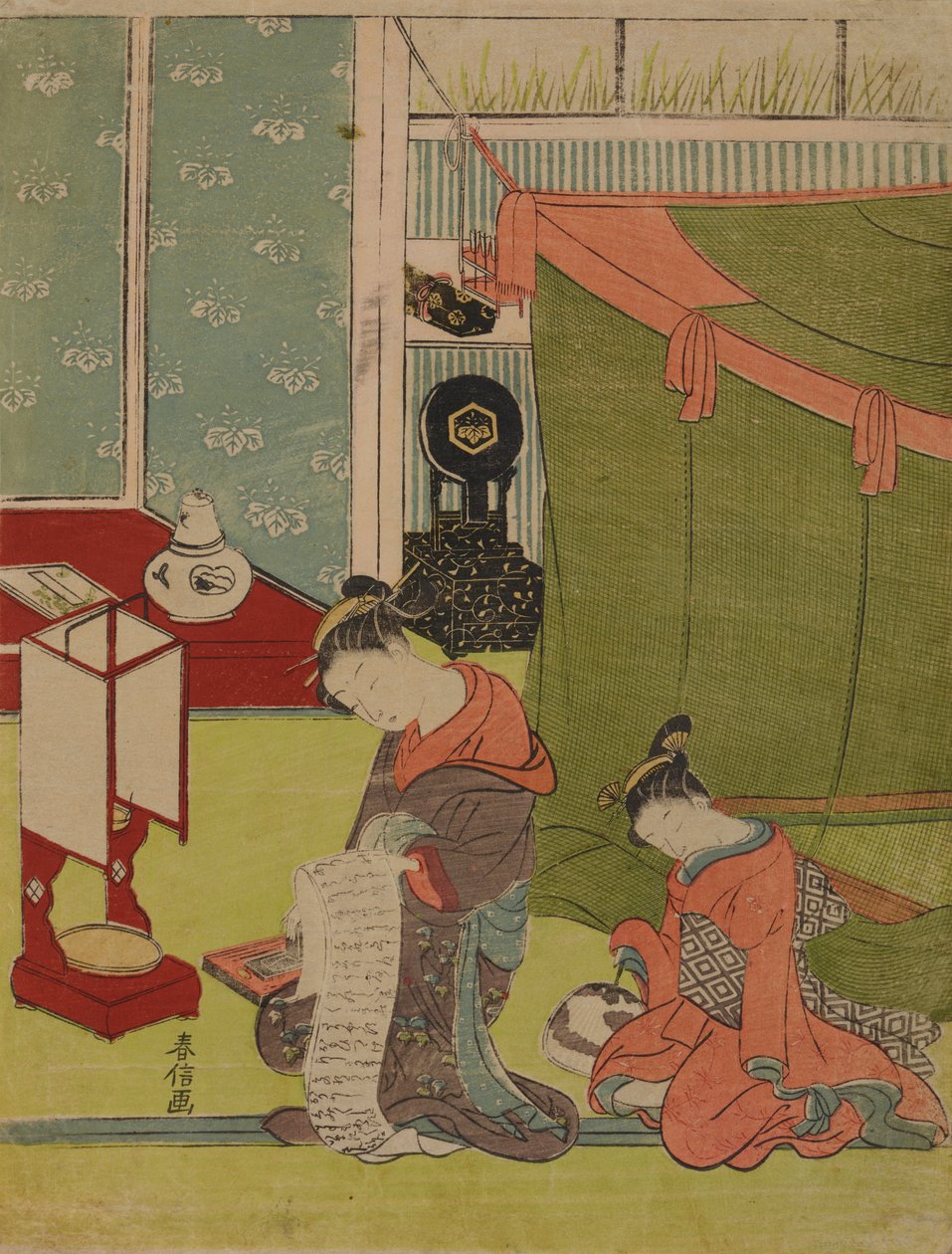 Cortesã e a sua criada no quarto de dormir de Suzuki Harunobu
