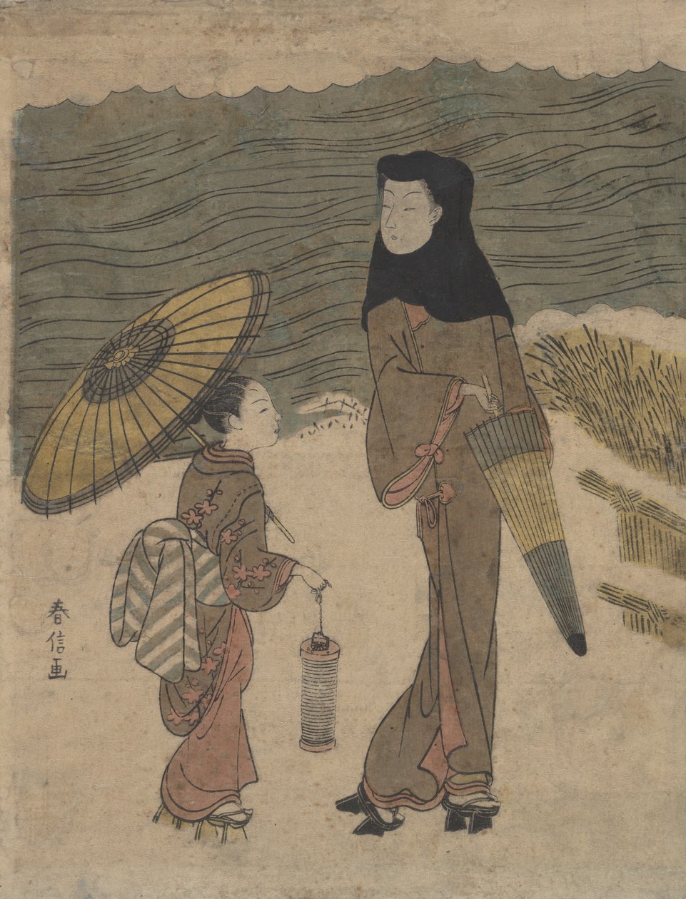 Senhora com capuz preto e guarda-chuva andando com jovem atendente. de Suzuki Harunobu