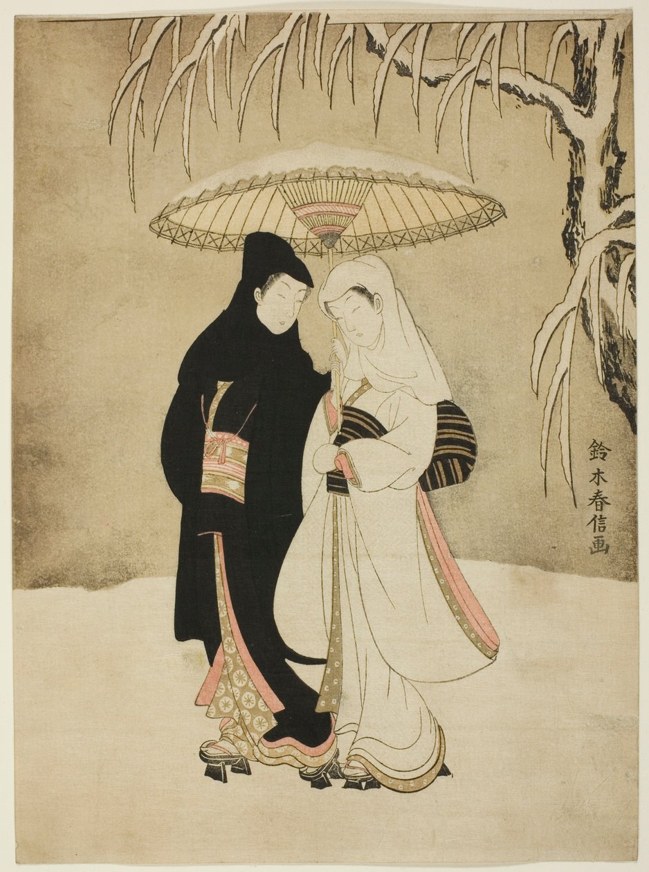 Amantes sob um guarda-chuva na neve de Suzuki Harunobu