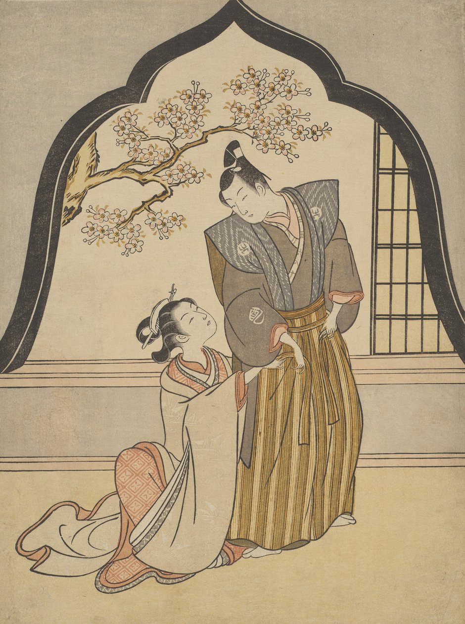 Amantes se vestindo ao lado de uma janela de Suzuki Harunobu