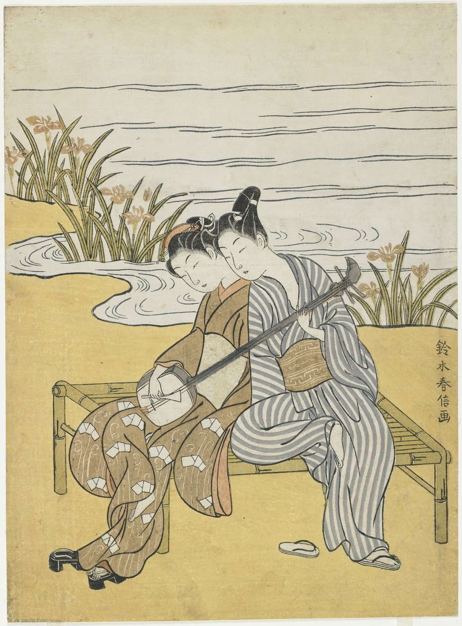 Amantes que Jogam o Mesmo Shamisen como uma Mítica do Imperador Xuanzong e Yang Guifei, c. 1767 de Suzuki Harunobu