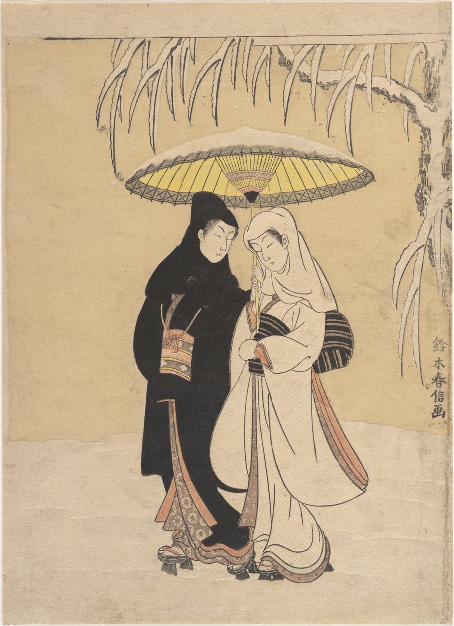 Amantes a caminhar na neve (corvo e garça) de Suzuki Harunobu