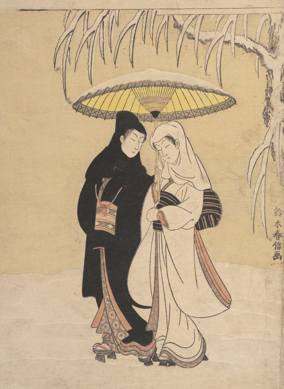 Amantes caminhando na neve Corvo e garça, 1764-72., 1764-72. de Suzuki Harunobu