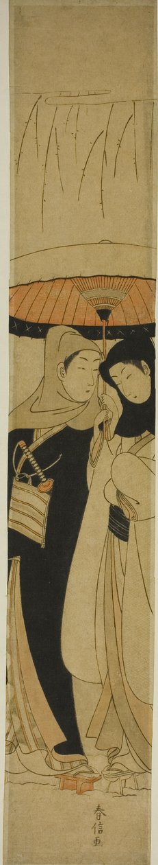 Amantes sob um guarda-chuva na neve de Suzuki Harunobu