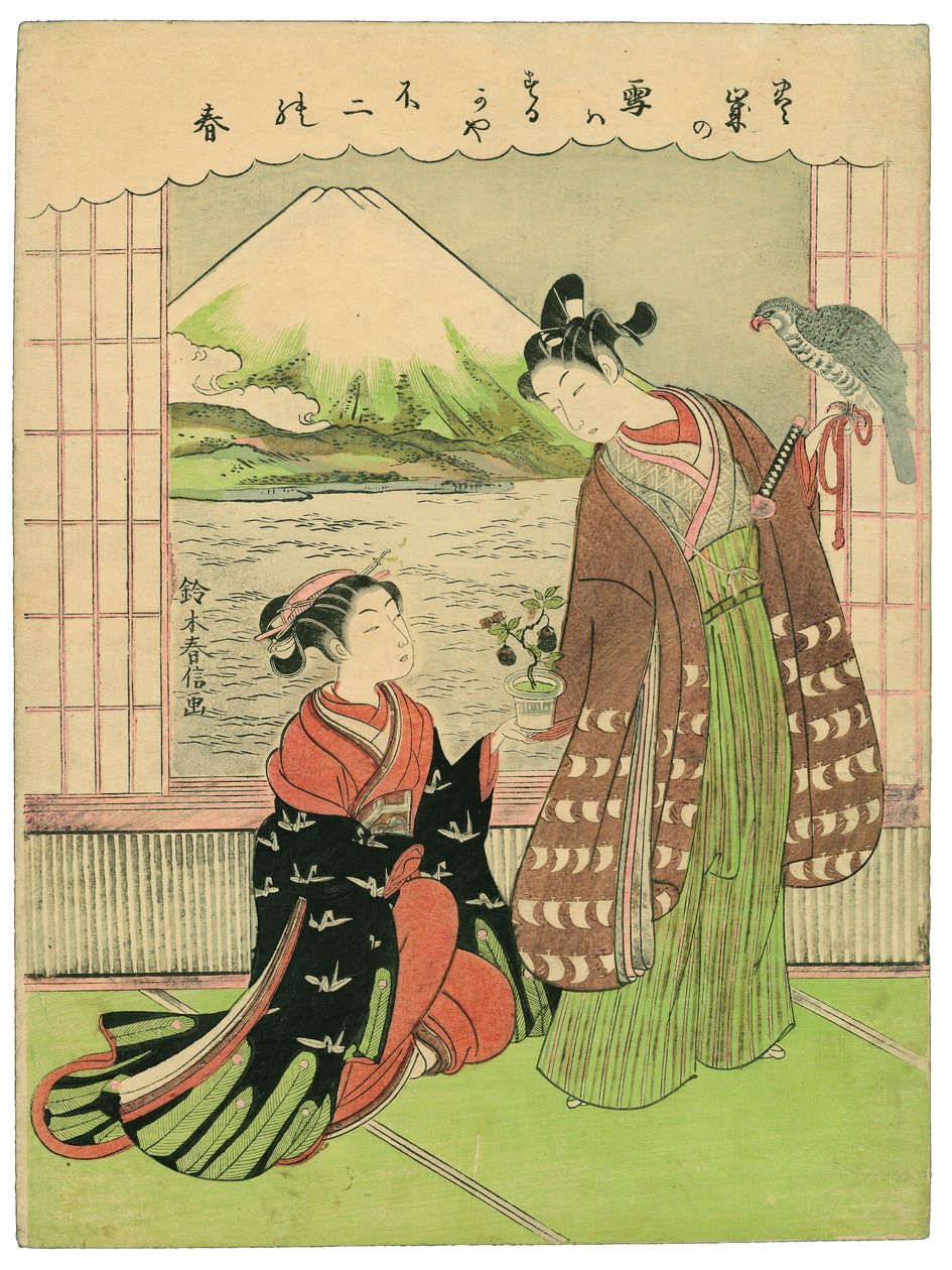 Sonho de boa sorte para o Ano Novo: monte Fuji, falcão e beringelas de Suzuki Harunobu