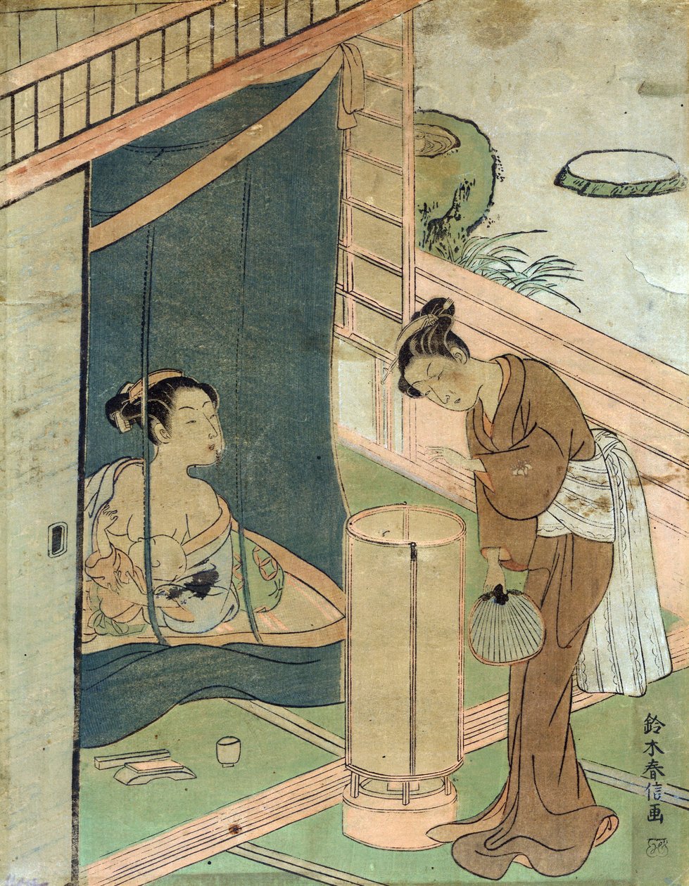 Mãe e filho atrás de mosquiteiros por Harunobu Suzuki, um designer japonês de gravura em xilogravura no estilo Ukiyo-e. de Suzuki Harunobu