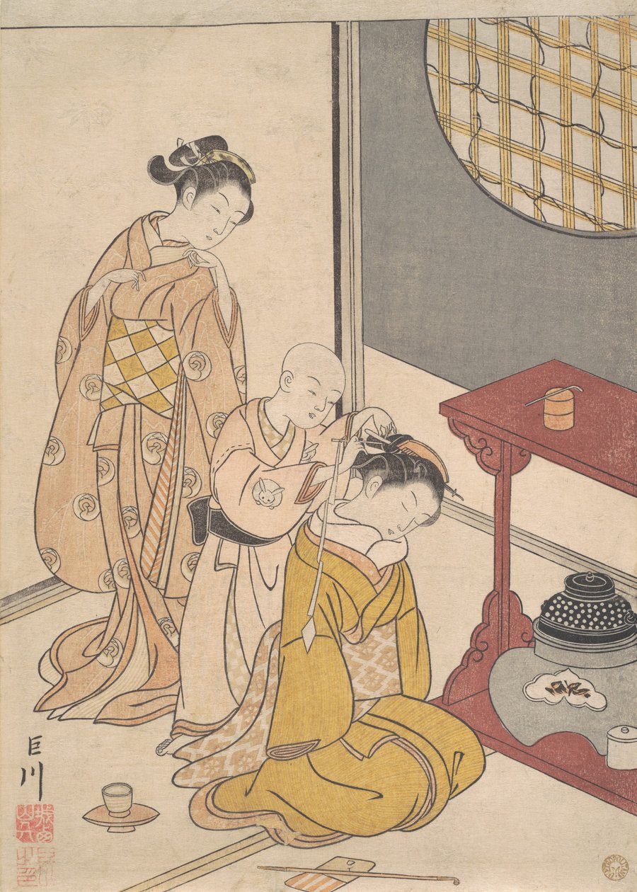 Chuva Noturna na Bancada Dupla, c.1766 (impressão em xilogravura) de Suzuki Harunobu