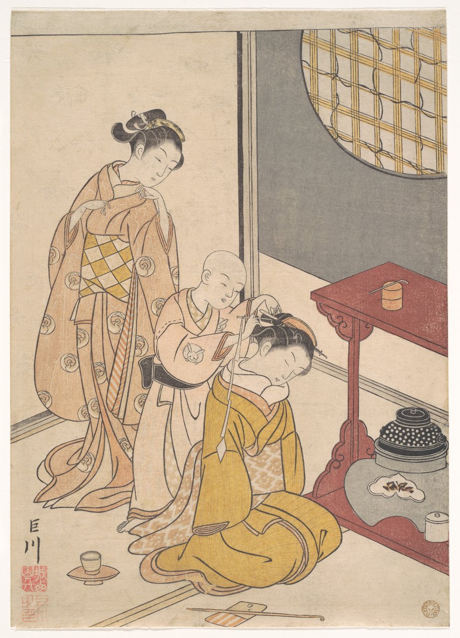 Chuva nocturna no suporte de prateleira dupla, da série Oito vistas de salão (Zashiki hakkei) de Suzuki Harunobu