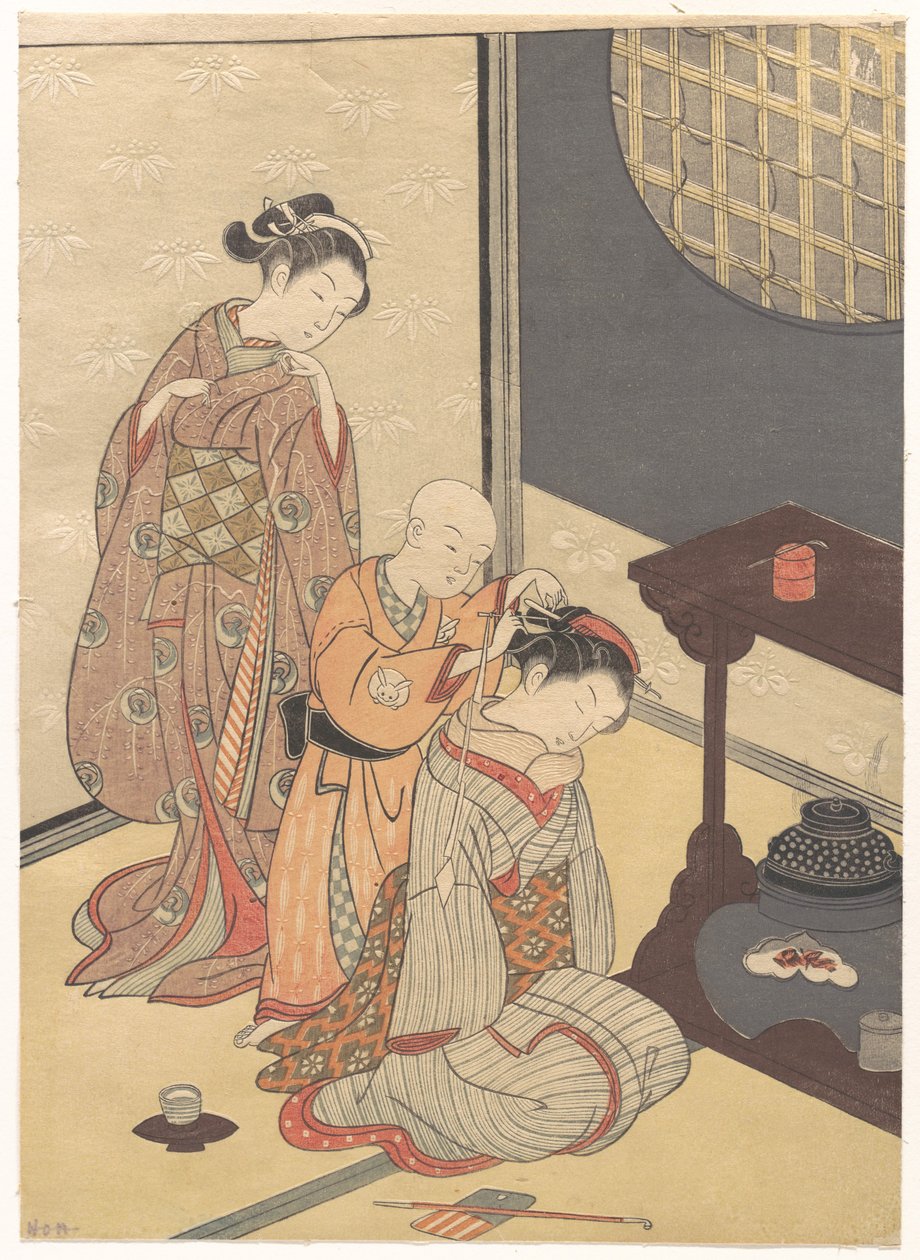 Chuva nocturna na banca de prateleira dupla, da série Oito vistas de salões (Zashiki hakkei) de Suzuki Harunobu