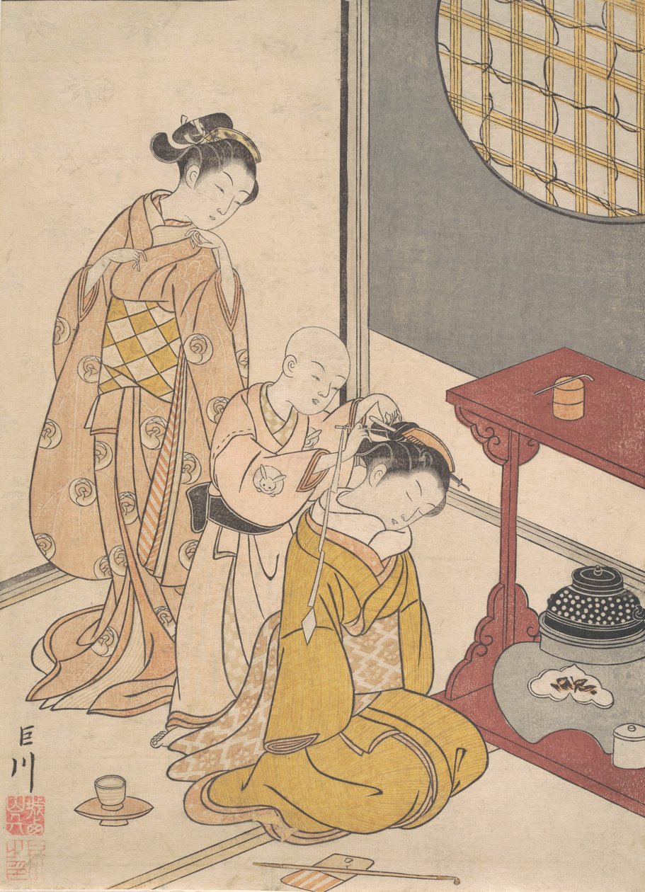 Chuva Noturna no Suporte de Prateleira Dupla, da série Eight Parlor Views Zashiki hakk..., ca. 1766. de Suzuki Harunobu